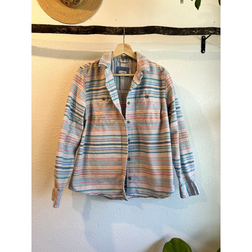 L.L. Bean Rainbow Striped 100% Cotton Button Front Long Sleeve Shirt Size Medium